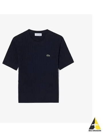 Women s Cable Short Sleeve Crew Neck Navy - LACOSTE - BALAAN 1