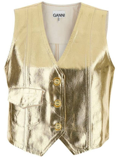 Gold Vest With Branded Buttons In Laminated Denim Woman - GANNI - BALAAN 1