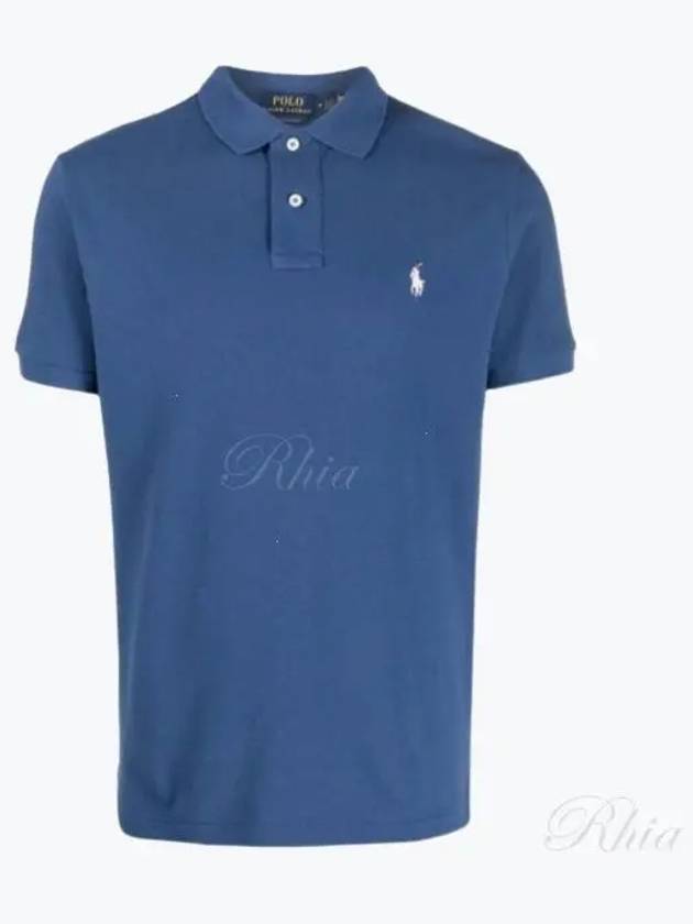 Embroidered White Pony Slim Fit Polo Shirt Blue - POLO RALPH LAUREN - BALAAN 2