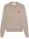 Heart Embroidered Logo Crew Neck Knit Top Beige - AMI - BALAAN 3