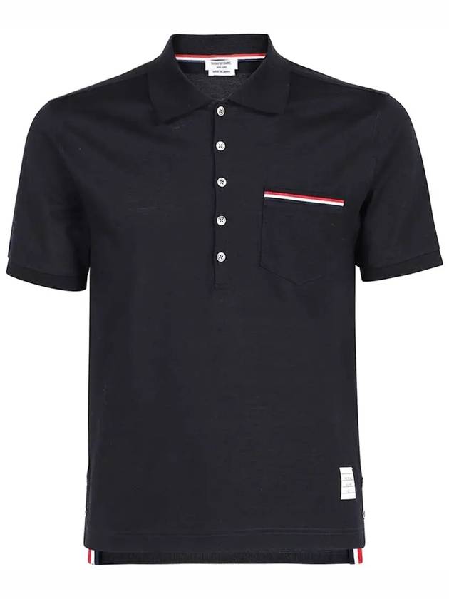 Men's Three Stripes Pocket Mercerized Short Sleeve Polo Shirt Navy - THOM BROWNE - BALAAN 3