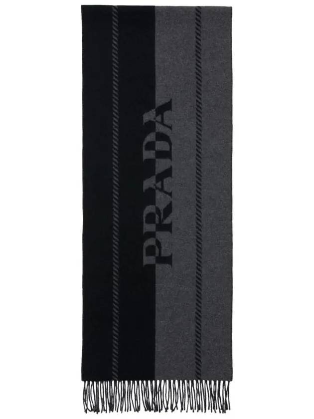 Jacquard Logo Small Wool Scarf Gray Black - PRADA - BALAAN 2