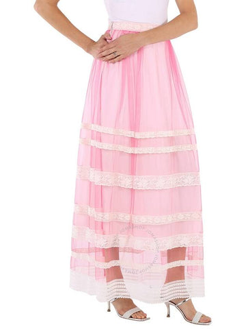 Burberry Ladies Bright Pink Floral Lace-trim Tulle Maxi Skirt, Brand Size 6 (US SIze 4) - BURBERRY - BALAAN 1