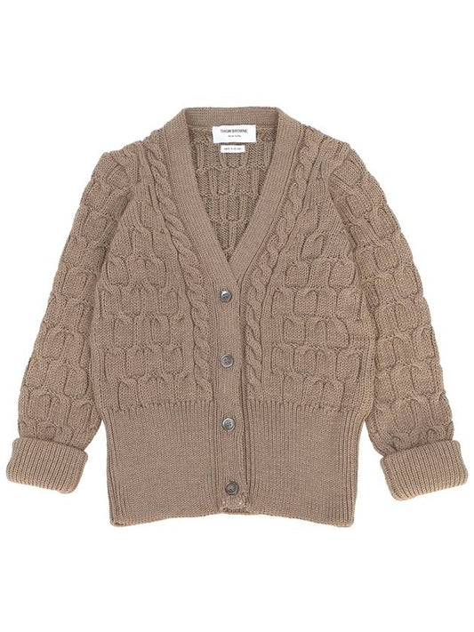 Merino Wool Crisscross Cable Stitch 3/4 Sleeve V-Neck Cardigan Medium Brown - THOM BROWNE - BALAAN 2