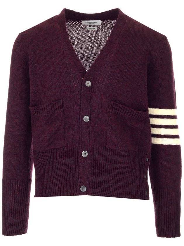 Men's Burgundy Stitch Classic Shetland Wool V-neck Cardigan - THOM BROWNE - BALAAN.