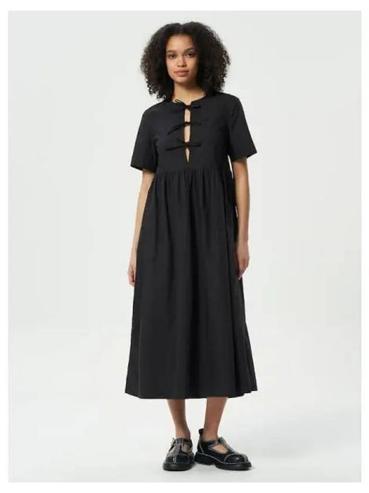 Cotton poplin long tie string dress one piece black domestic product - GANNI - BALAAN 1