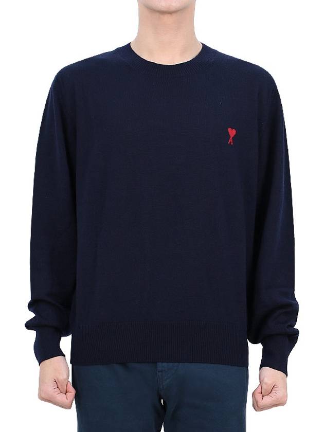 Heart Embroidered Logo Crew Neck Knit Top Navy - AMI - BALAAN 3