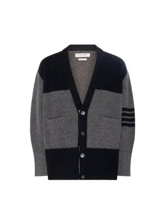 Donegal Diagonal Oversized Colour Block Wool Cardigan Grey - THOM BROWNE - BALAAN 2