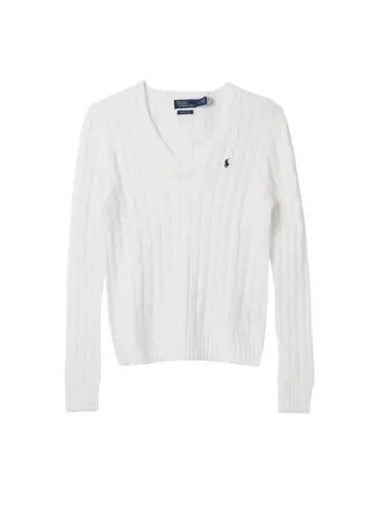 Polo Ralph Lauren Cable Knit Cotton V Neck Sweater White - POLO RALPH LAUREN - BALAAN 1