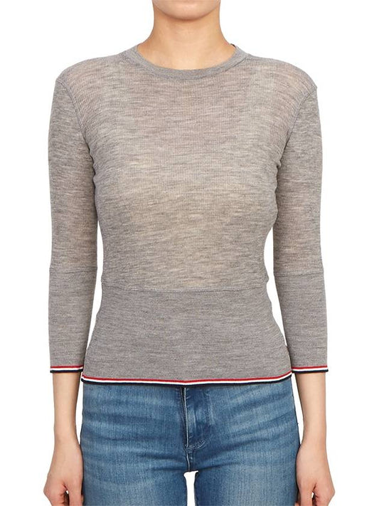 Women's Wool Rib 3/4 Sleeve Crew Neck Pullover Knit Top Light Gray - THOM BROWNE - BALAAN 2