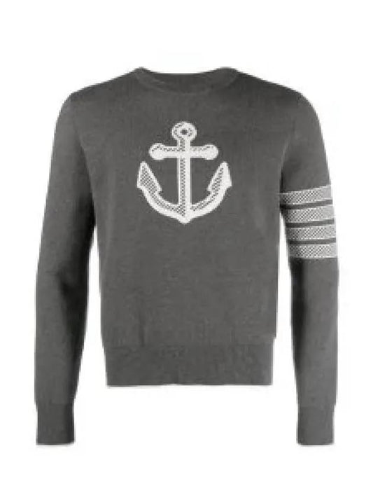 Men's Anchor Jacquard 4-Bar Crew Neck Knit Top Med Grey - THOM BROWNE - BALAAN 2