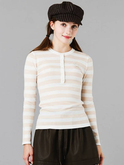 Bold Stripe Beige Henley Neck Knit DO6232KT22-1 - DOYOUKNOWMC GOLF WEAR - BALAAN 2