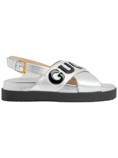 Women's Logo Leather Sandals Silver - GUCCI - BALAAN 1