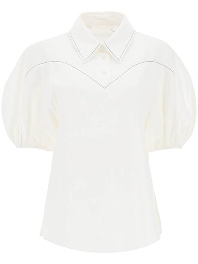 Women's Balloon Sleeve Textured Cotton Blouse White - CHLOE - BALAAN 2