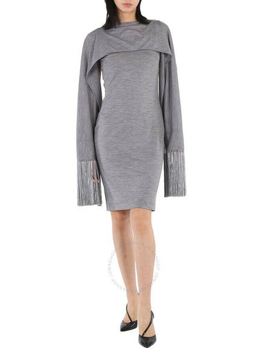 Burberry Cloud Grey Merino Wool Sleeveless Dress With Fringed Capelet, Brand Size 8 (US Size 6) - BURBERRY - BALAAN 1