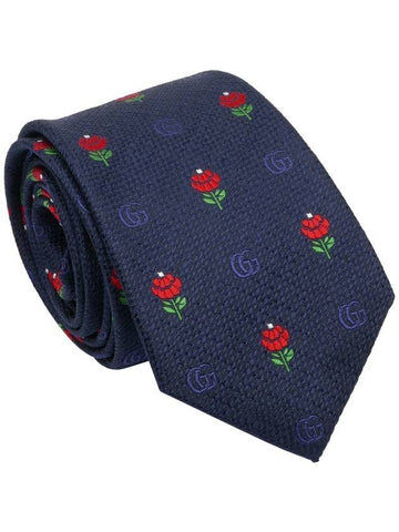 GG Logo Flower Pattern Slim Silk Tie Navy - GUCCI - BALAAN 1