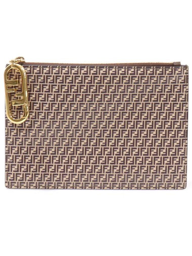 Fendi 8N0184 Beige leather micro FF logo gold plated zipper medium pouch - FENDI - BALAAN 1