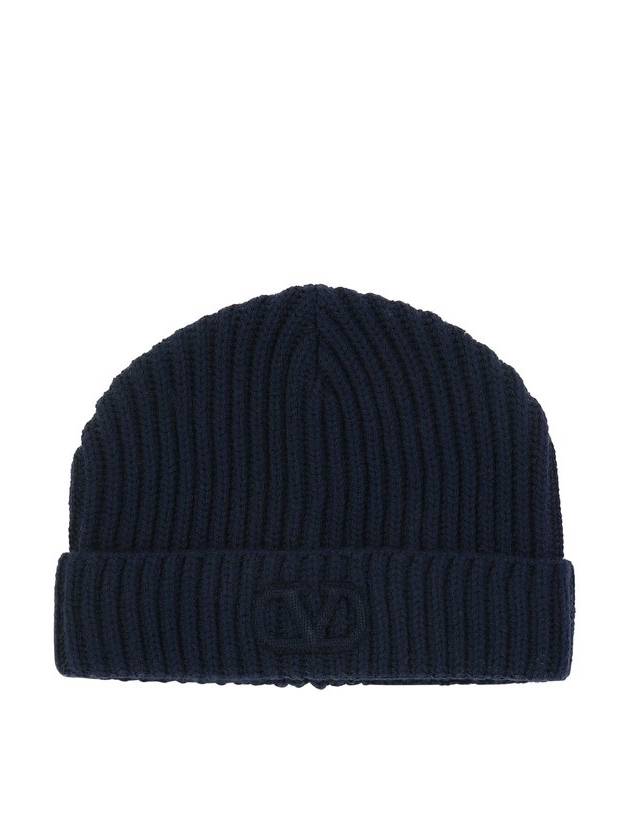 V Logo Signature Knit Beanie Blue - VALENTINO - BALAAN 1