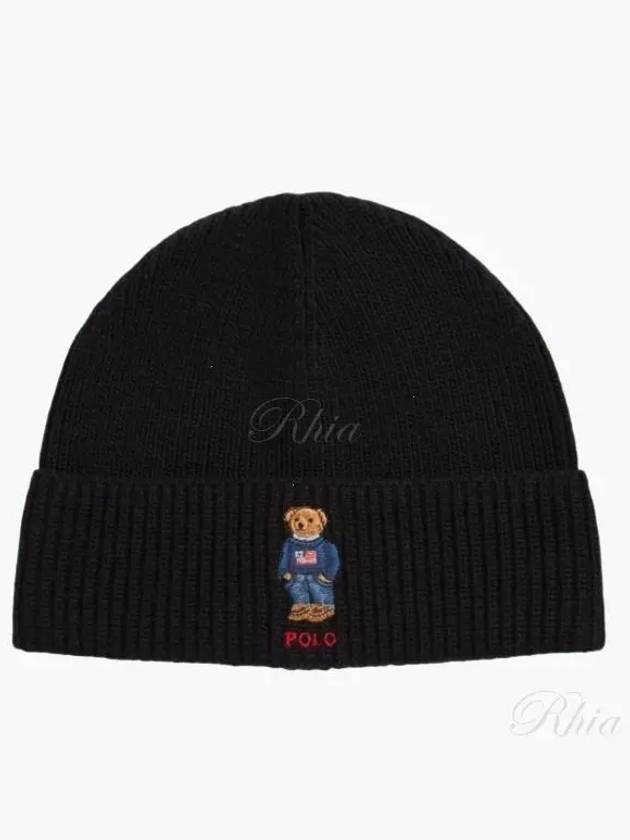 Embroidered Bear Knit Wool Beanie Black - POLO RALPH LAUREN - BALAAN 2