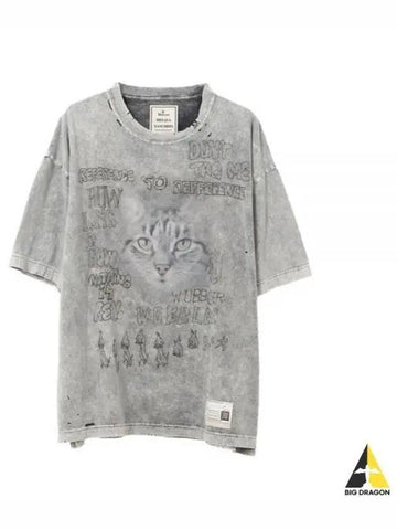 A13TS611 GRAY Distressed Cat Print T Shirt - MIHARA YASUHIRO - BALAAN 1