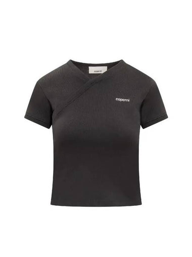 Coperni logo detail V neck crop t shirt COPJS71510 BLACK - COPERNI - BALAAN 1