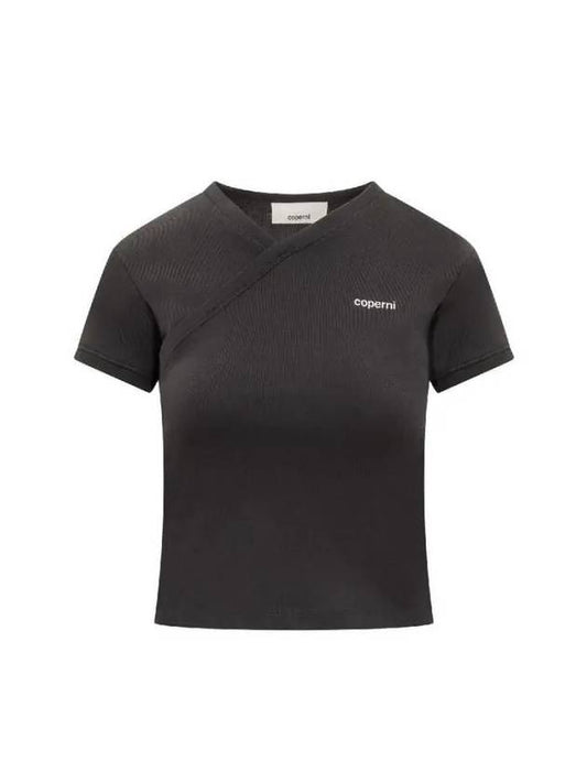 Coperni logo detail V neck crop t shirt COPJS71510 BLACK - COPERNI - BALAAN 1