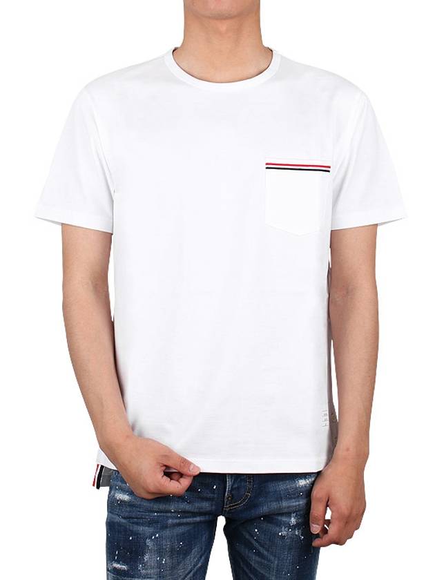 Men's Medium Weight Jersey Tipped Pocket Crewneck Short Sleeve T-Shirt White - THOM BROWNE - BALAAN 3