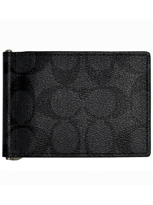 Slim Money Clip Billfold Signature Canvas Card Wallet Black - COACH - BALAAN 1