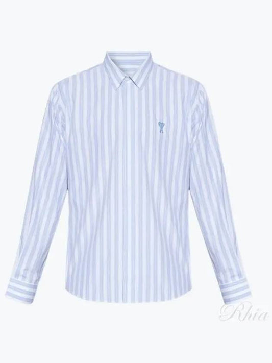 Tonal Heart Logo Striped Long Sleeve Shirt Blue - AMI - BALAAN 2