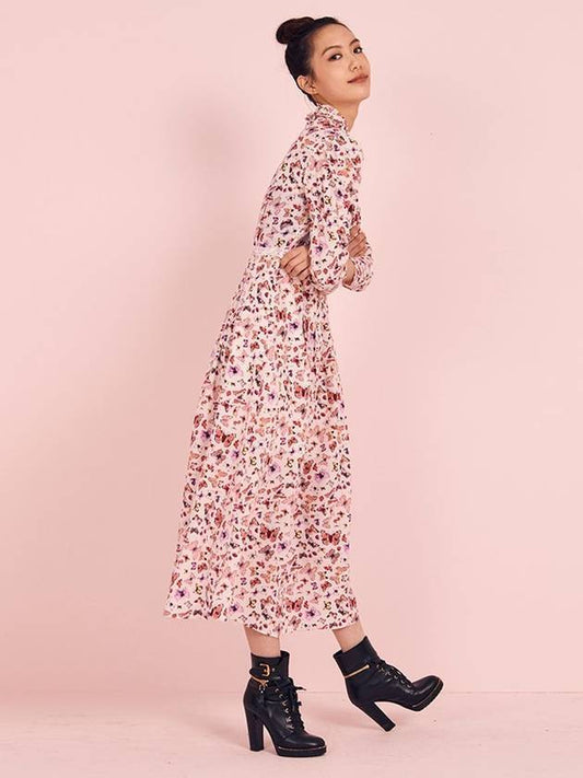 Neck Shirring Butterfly Long Dress Pink - RS9SEOUL - 1