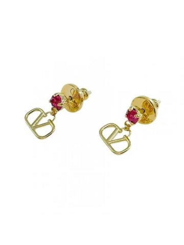 Metal Swarovski Crystal V Logo Earrings Gold Red - VALENTINO - BALAAN 1