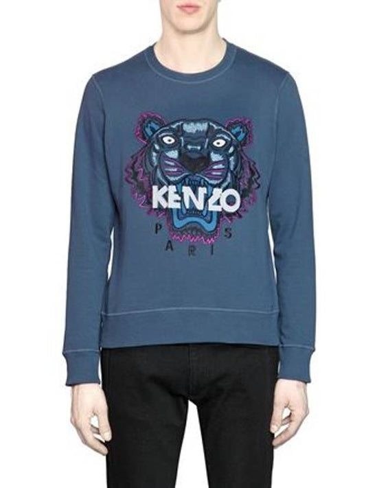 Embroidered Tiger Cotton Sweatshirt Blue - KENZO - BALAAN 1
