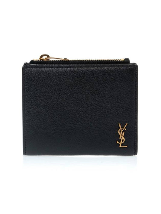 Grain Leather Mini Monogram Zipper Half Wallet Black - SAINT LAURENT - BALAAN 1