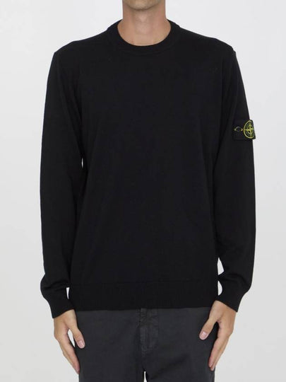 Logo Patch Crewneck Virgin Wool Knit Top Black - STONE ISLAND - BALAAN 2