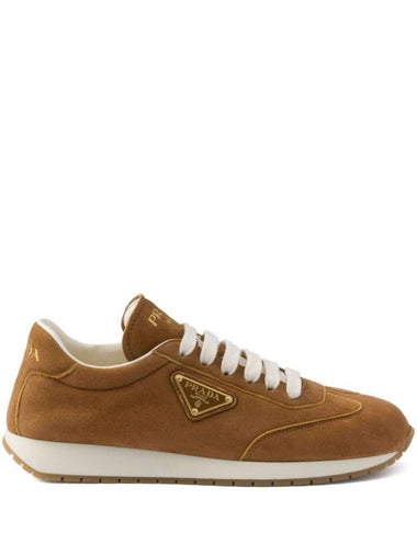 Enamel Logo Suede Low Top Sneakers Brown - PRADA - BALAAN 1