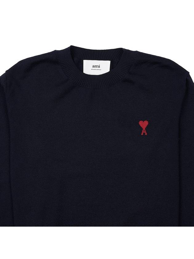 Heart Embroidered Logo Crew Neck Knit Top Navy - AMI - BALAAN 4