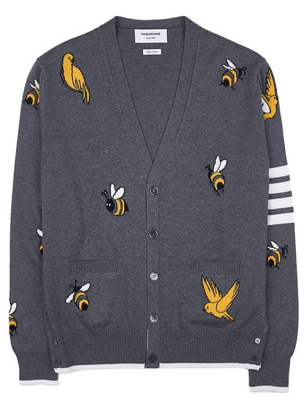 Men's Merino Bird Bee 4 Bar V-Neck Merino Cotton Cardigan Medium Grey - THOM BROWNE - BALAAN 2