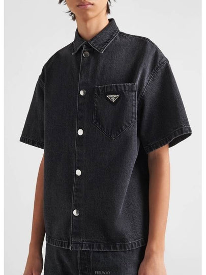 Triangle Logo Denim Short Sleeve Shirt Black - PRADA - BALAAN 2