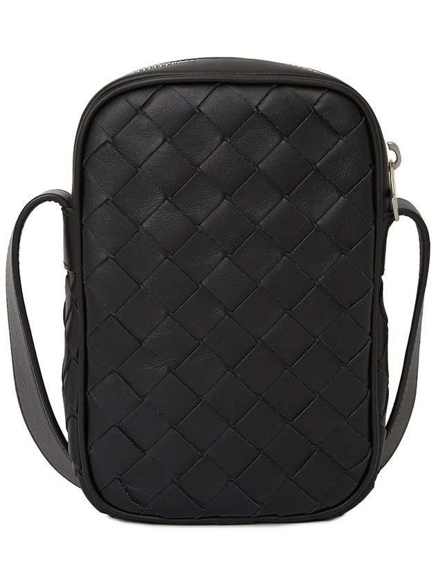 Men's Intrecciato Zippered Leather Mini Cross Bag Black - BOTTEGA VENETA - BALAAN.