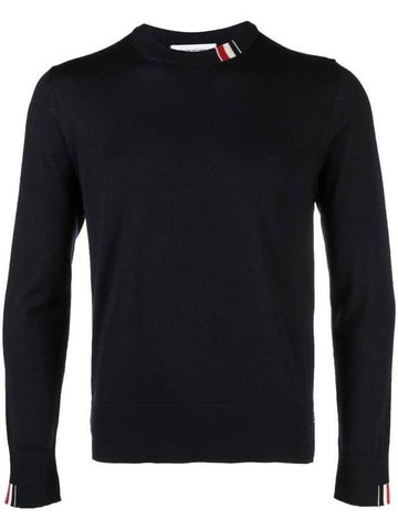 Intarsia Stitch Crew Neck Merino Wool Knit Top Navy - THOM BROWNE - BALAAN 1