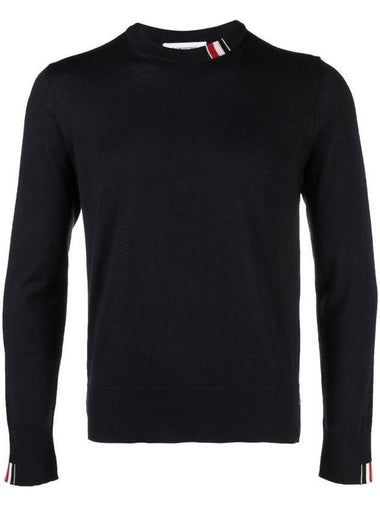 Intarsia Stitch Crew Neck Merino Wool Knit Top Navy - THOM BROWNE - BALAAN 1