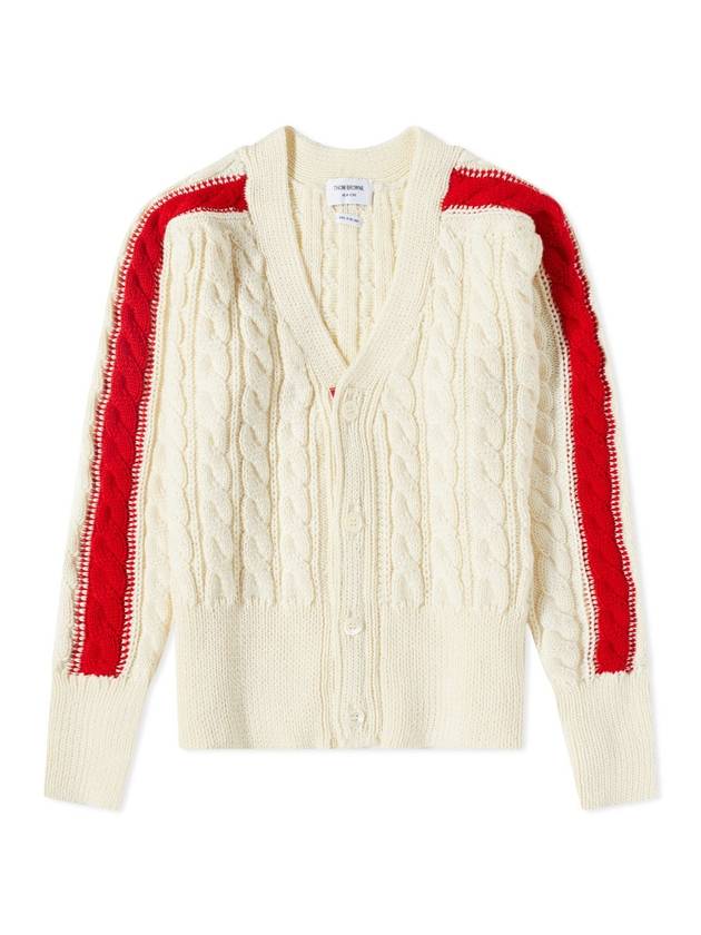 Striped Crew Cable Knit Cardigan White - THOM BROWNE - BALAAN 1