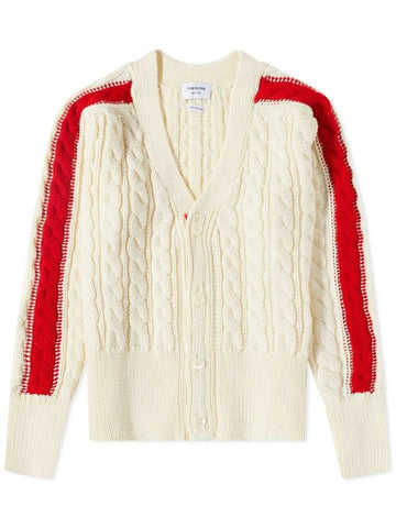 Striped Crew Cable Knit Cardigan White - THOM BROWNE - BALAAN 1