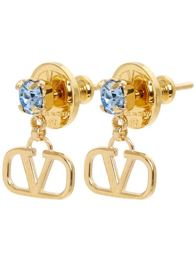 V Logo Signature Metal Rhinestone Earrings Blue Gold - VALENTINO - BALAAN 2