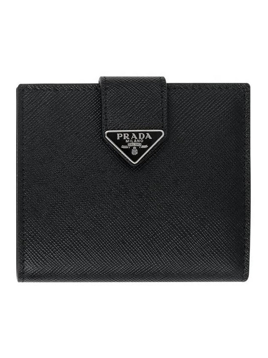 Triangle Logo Saffiano Leather Half Wallet Black - PRADA - BALAAN 1