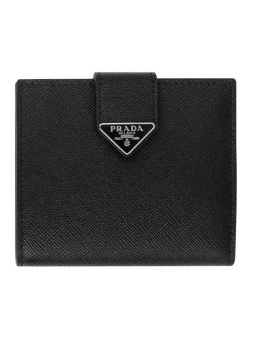 Triangle Logo Saffiano Leather Half Wallet Black - PRADA - BALAAN 1