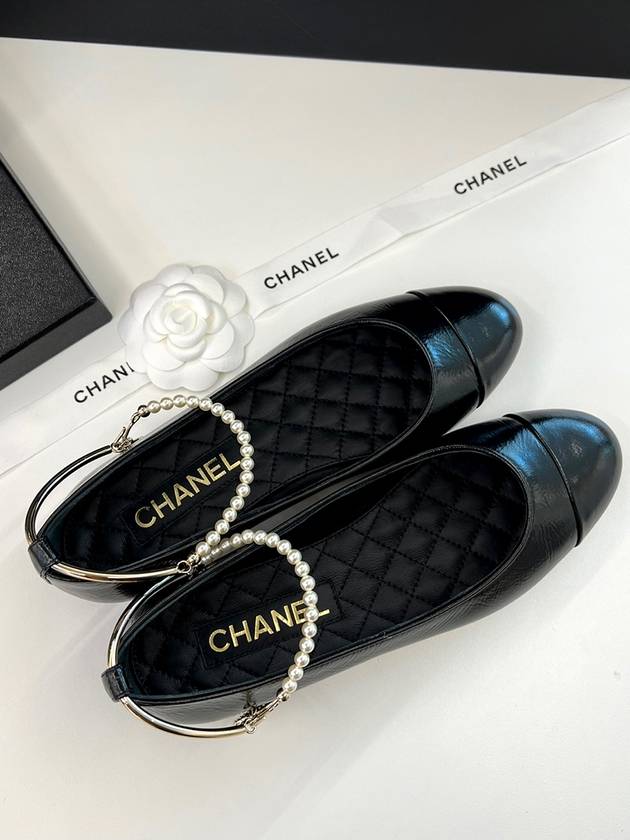 Ballerina Flat Shiny Lambskin Metal Imitation Pearls & Black - CHANEL - BALAAN 6