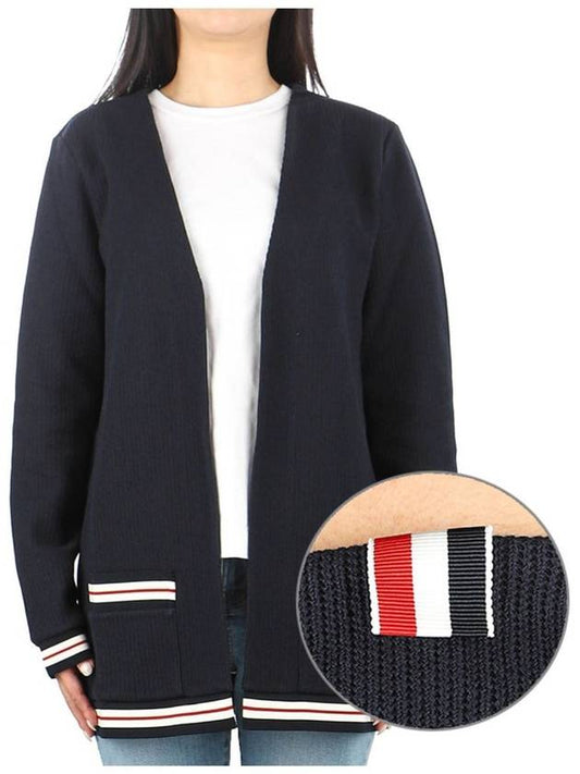 Cricket Stripe Lightweight Textured Cotton V-Neck Cardigan Navy - THOM BROWNE - BALAAN 2