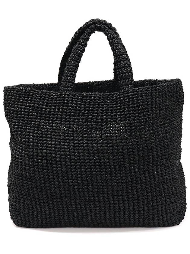 1BG392 Black Raffia Effect Lettering Logo Embroidered Crochet Tote Bag - PRADA - BALAAN 4