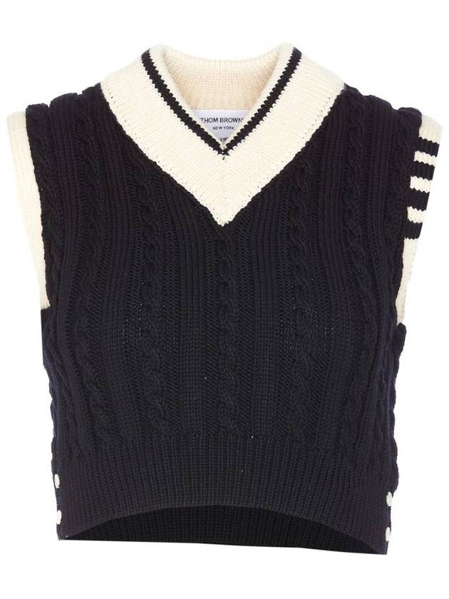 Classic Cable 4 Bar V Neck Vest Navy - THOM BROWNE - BALAAN 1